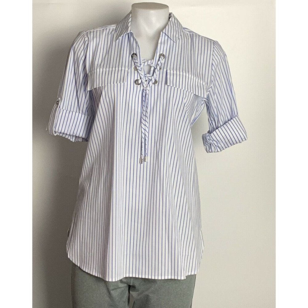 Women Blouse Size XS Calvin Klein Essential Lace Up Grommet Stripe Shirt Striped